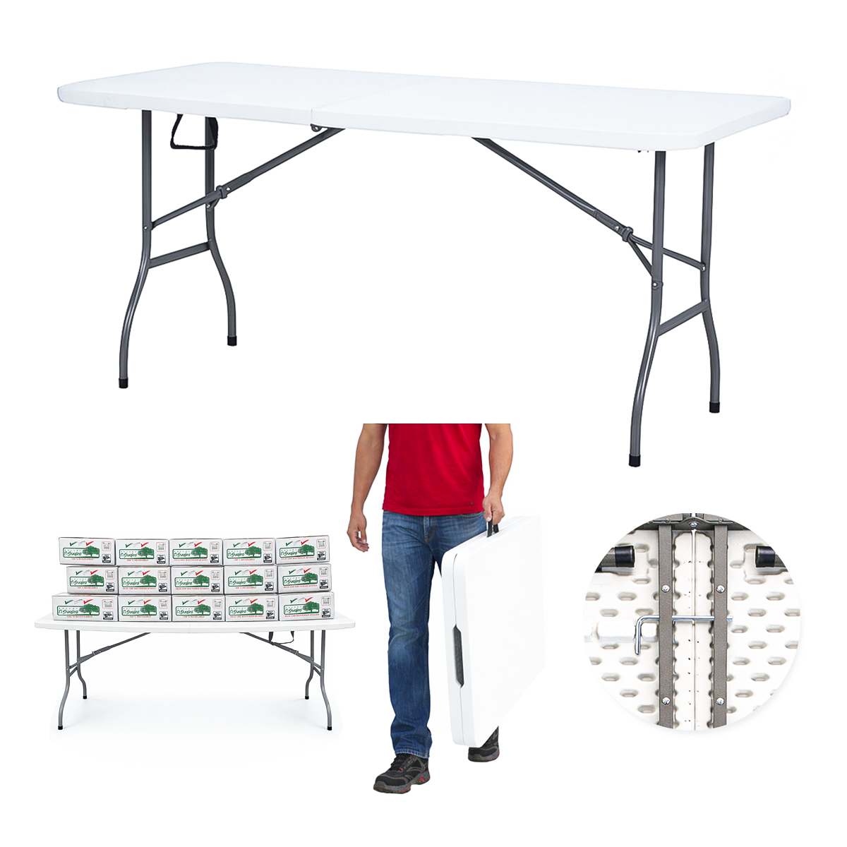 Mesa Plegable Portátil 1.80m Blanco Plástico Rectangular para Jardín y Eventos