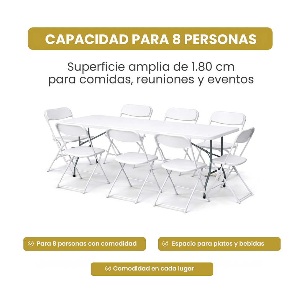 Mesa Plegable Portátil 1.80m Blanco Plástico Rectangular para Jardín y Eventos