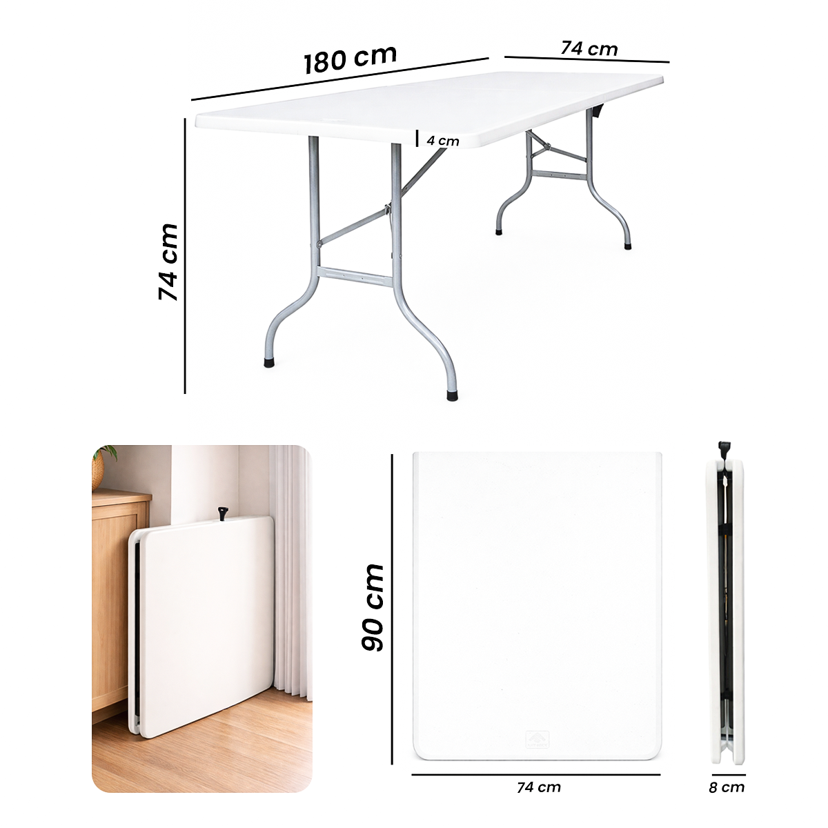 Mesa Plegable Portátil 1.80m Blanco Plástico Rectangular para Jardín y Eventos