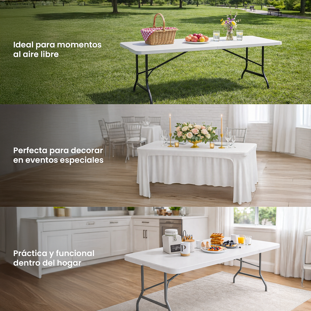 Mesa Plegable Portátil 1.80m Blanco Plástico Rectangular para Jardín y Eventos